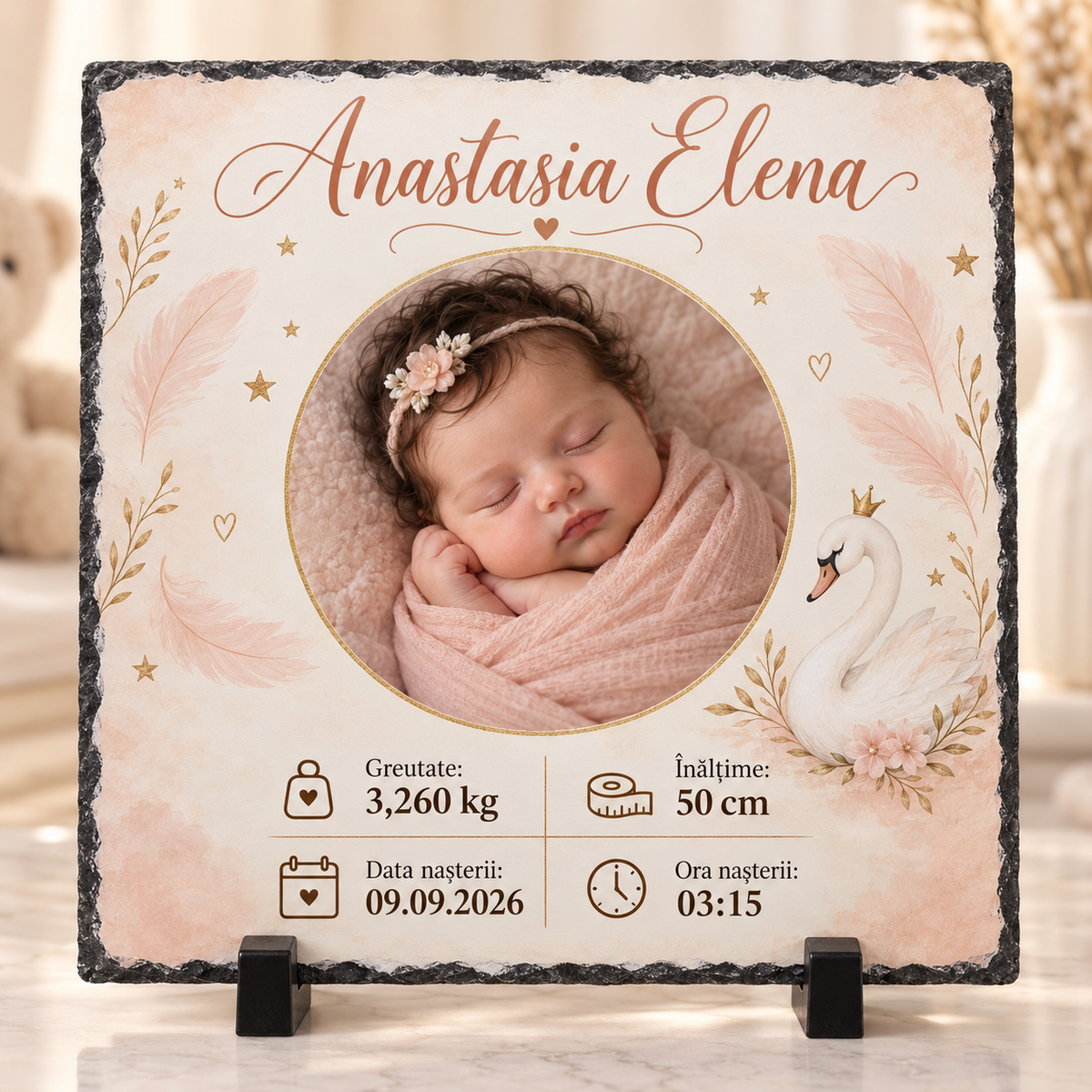 Placă ardezie personalizată 20x20 cm pentru fetiță cu lebădă – Cadou nou-născut cu poză, nume și datele nașterii