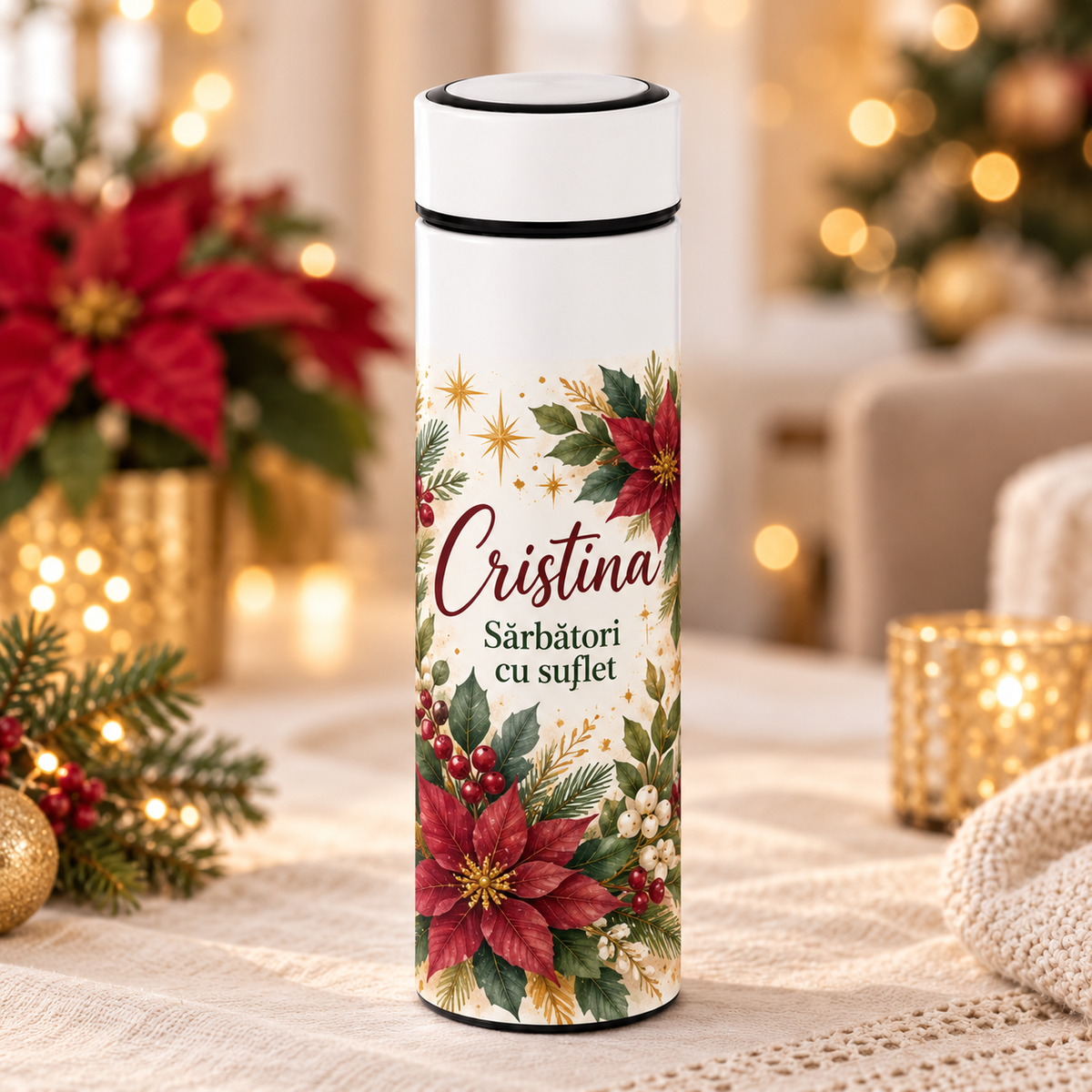 Termos Personalizat 500 ml cu Infuzor de Ceai, Nume și Mesaj – Flori de Crăciun