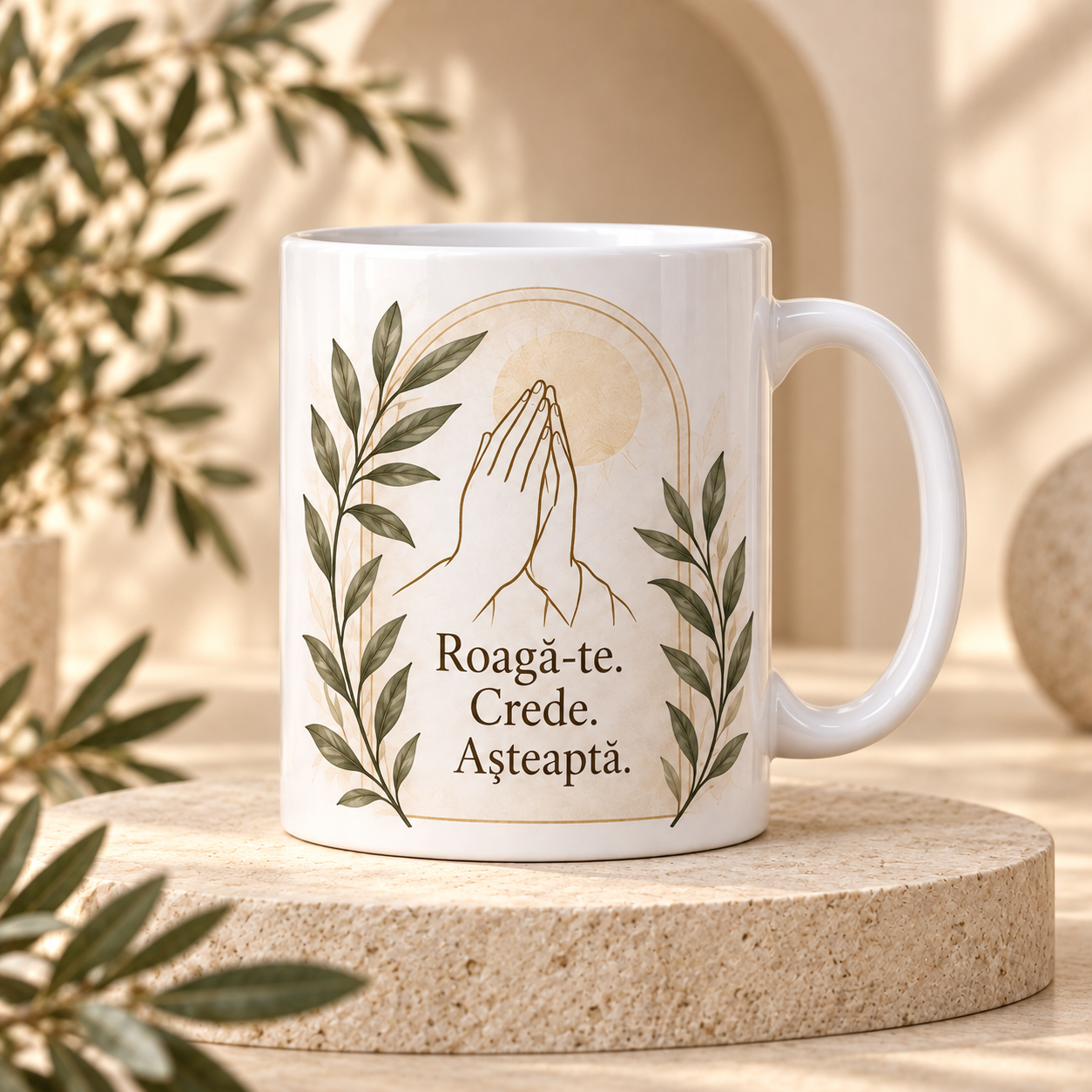 Cană religioasă 330 ml „Roagă-te. Crede. Așteaptă.” – cadou creștin cu mesaj de credință