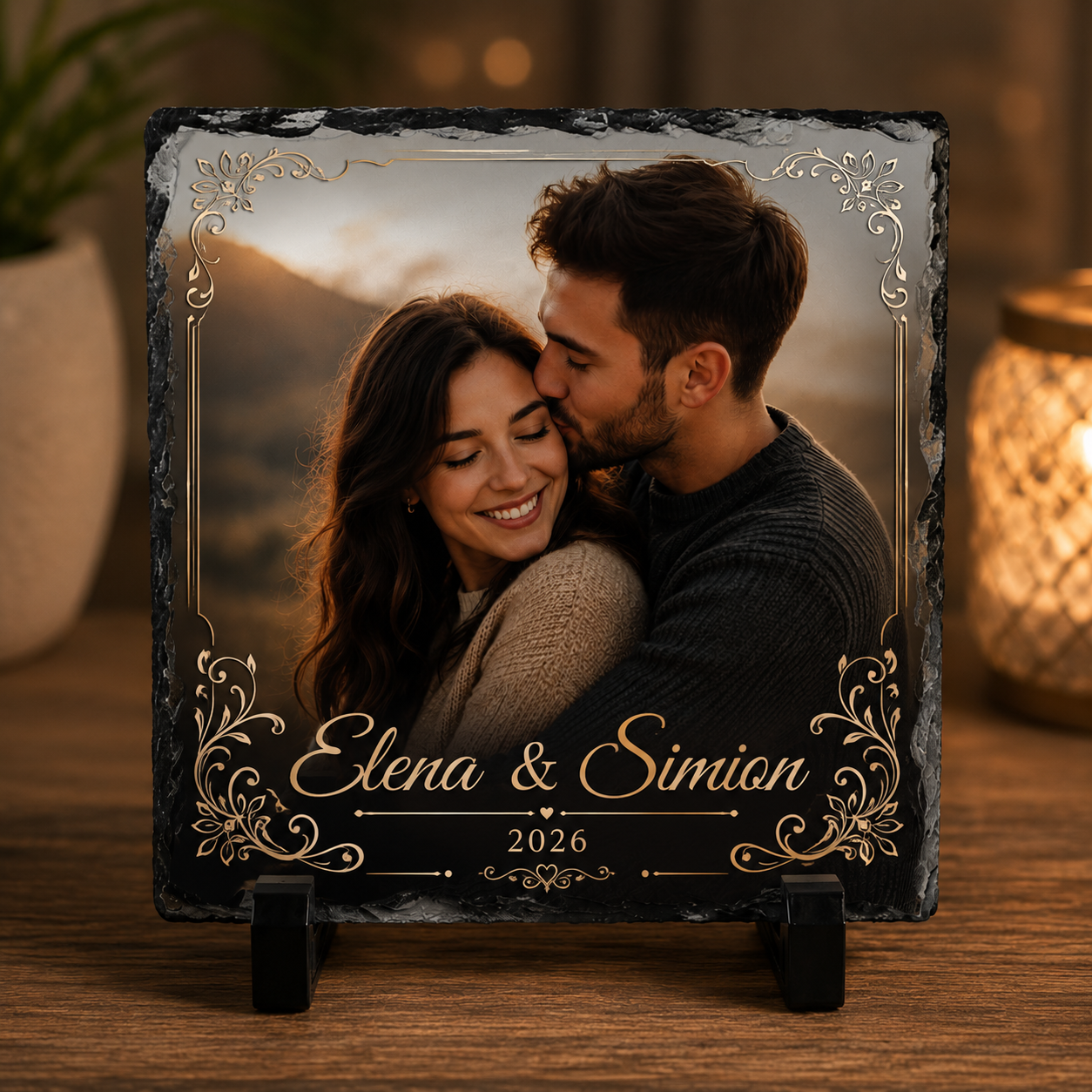 Placă din Ardezie Personalizată 20 × 20 cm cu Poză, Nume și Dată – Cadou Unic pentru Cupluri