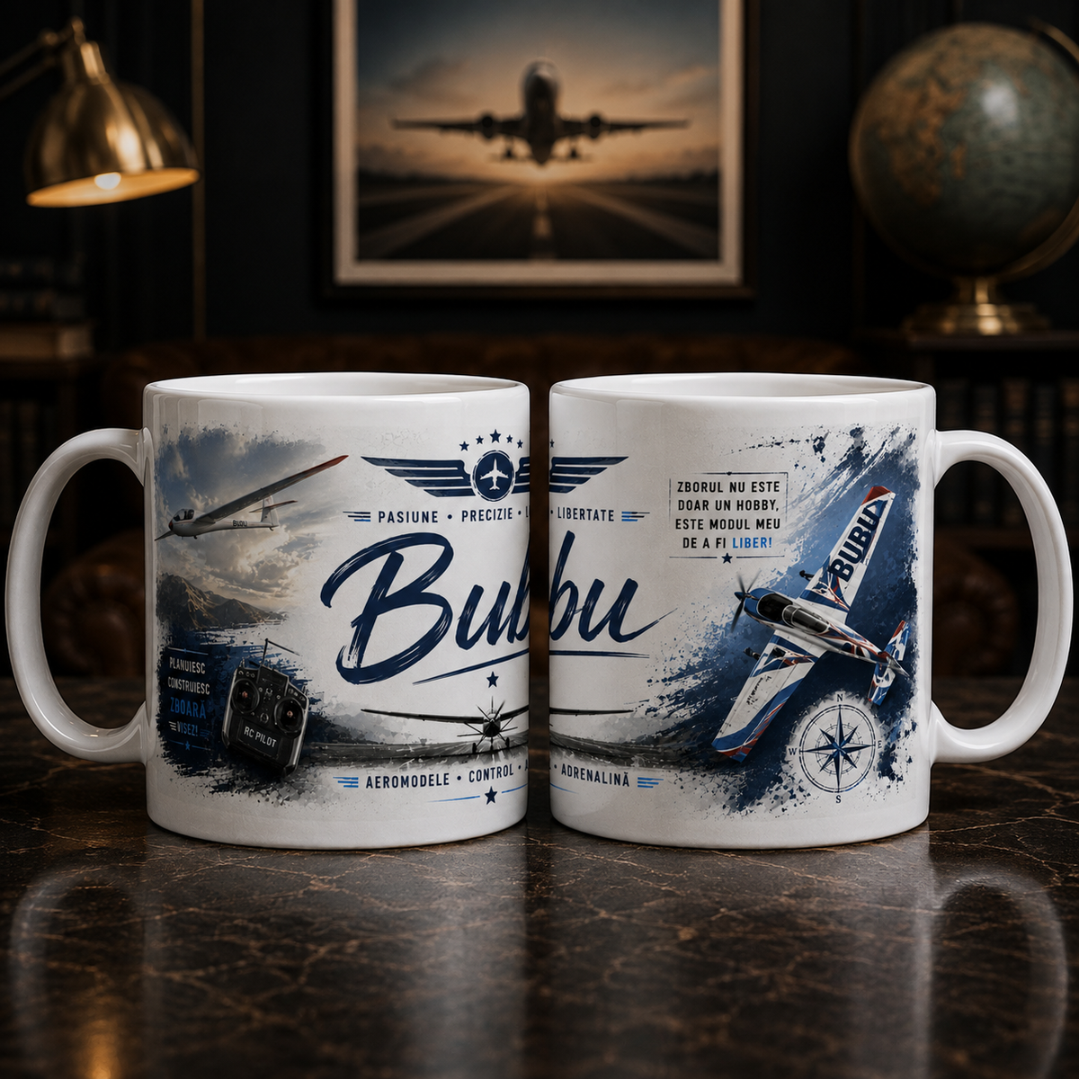 Cană personalizată cu numele Bubu și design de aeromodelism RC cu planor, avion acrobatic și radiocomandă