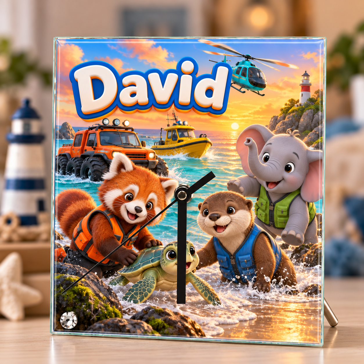 Ceas de birou personalizat pentru băieți din sticlă 20×20 cm – Aventură pe Mare, Animale și Vehicule cu Nume