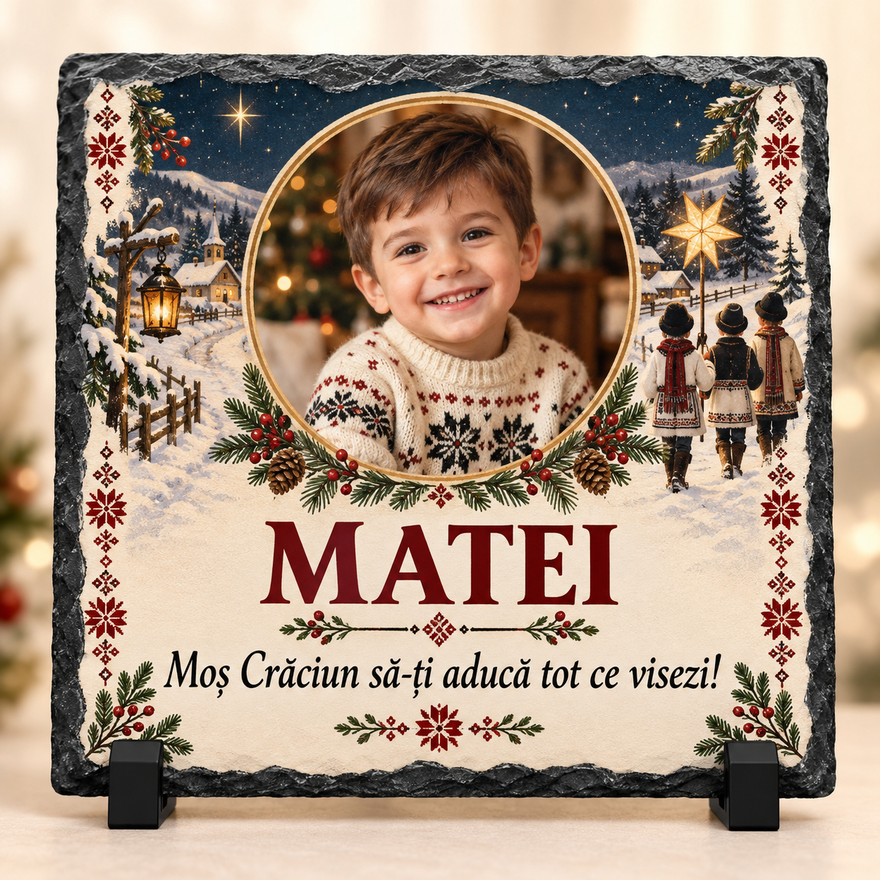 Placă Ardezie Personalizată 20×20 cm pentru Copii – Cadou de Crăciun cu Poză și Nume