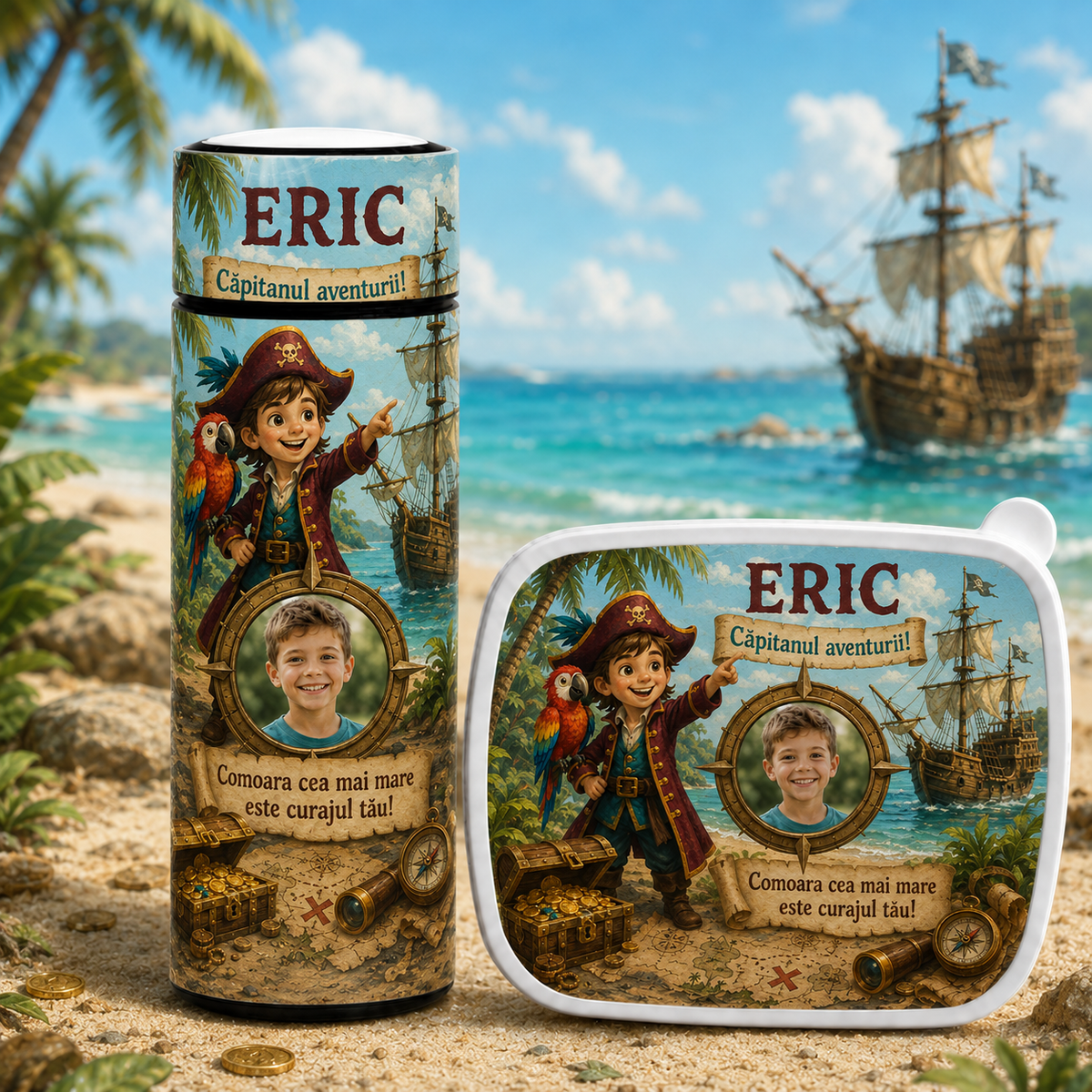Set personalizat copii – Lunchbox + Termos 500 ml „Căpitanul aventurii”