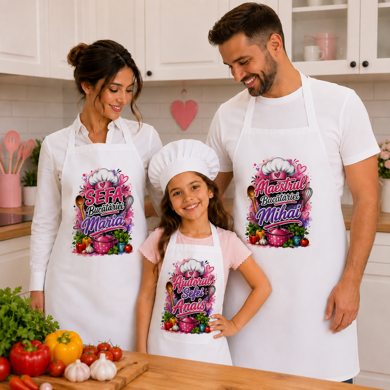 Set Șorțuri Personalizate Familie – Mamă, Tată și Copil cu Nume