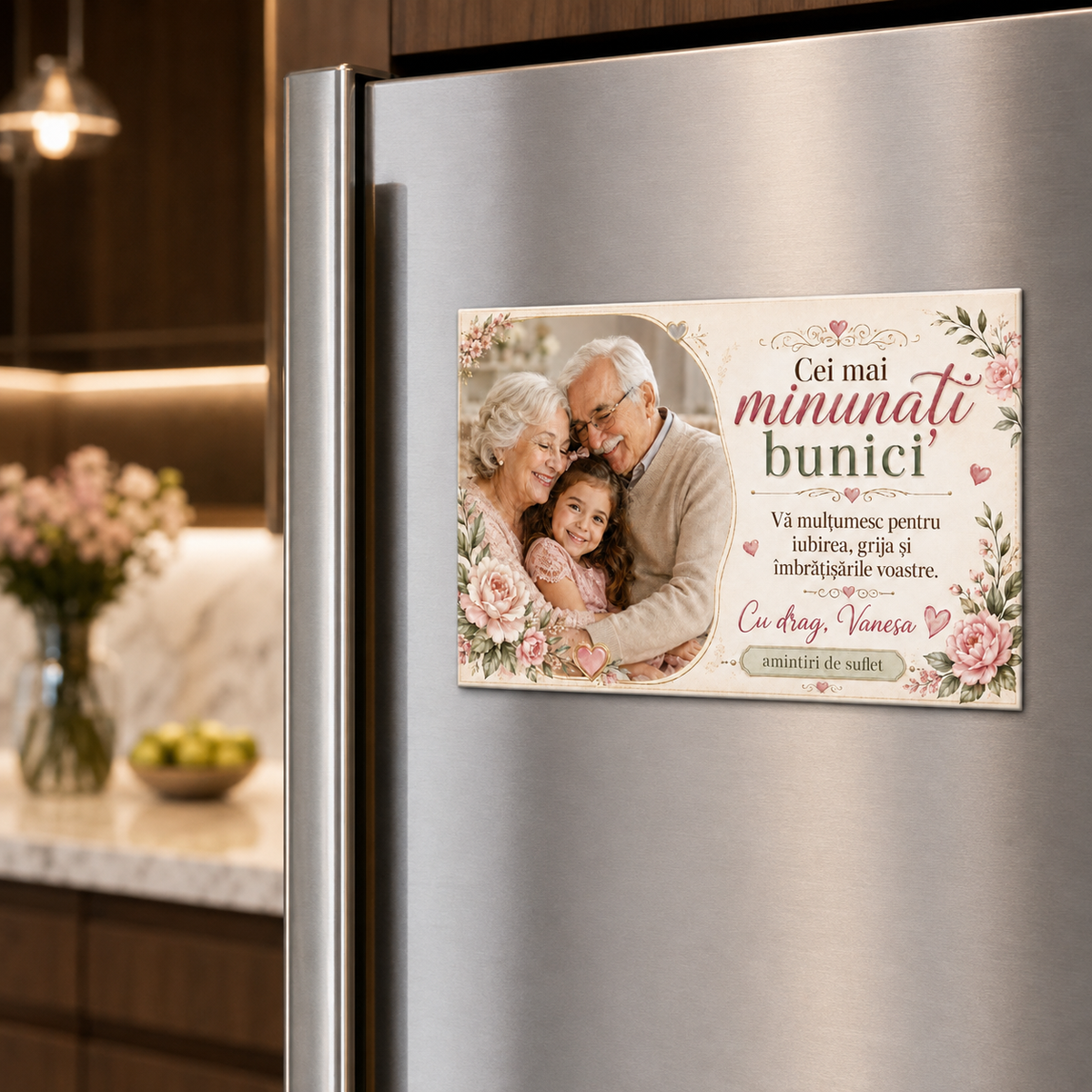 Magnet personalizat pentru bunici de 9,5 × 6,5 cm cu fotografie, flori roz și mesajul Cei mai minunați bunici