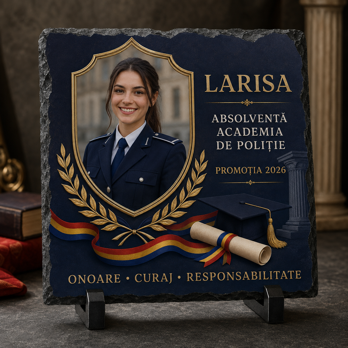 Placă de Ardezie Personalizată Absolvire Academia de Poliție 20×20 cm cu Poză și Nume – Cadou pentru Absolventă
