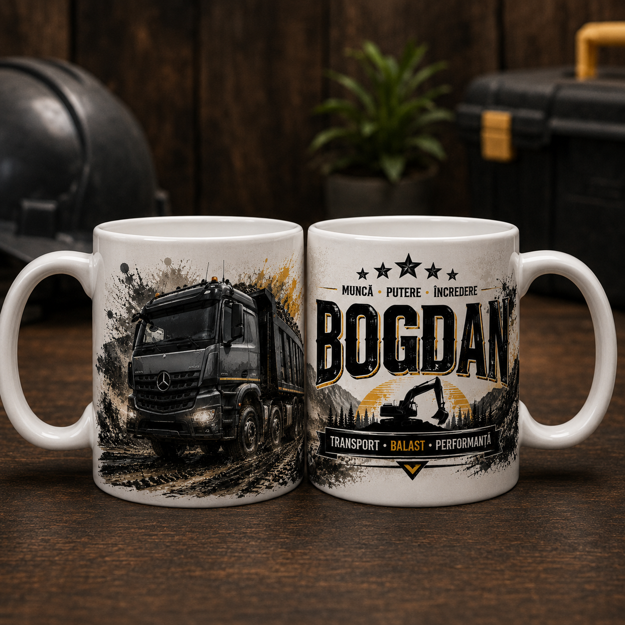 Cană personalizată cu camion basculant și nume – Cadou șofer transport balast, 330 ml