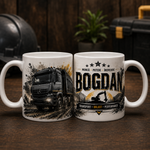 Cană personalizată cu camion basculant și nume – Cadou șofer transport balast, 330 ml