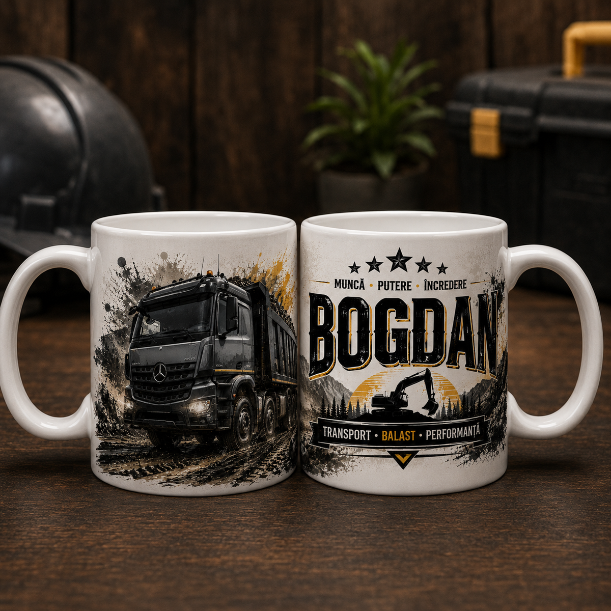 Cană personalizată cu camion basculant și nume – Cadou șofer transport balast, 330 ml