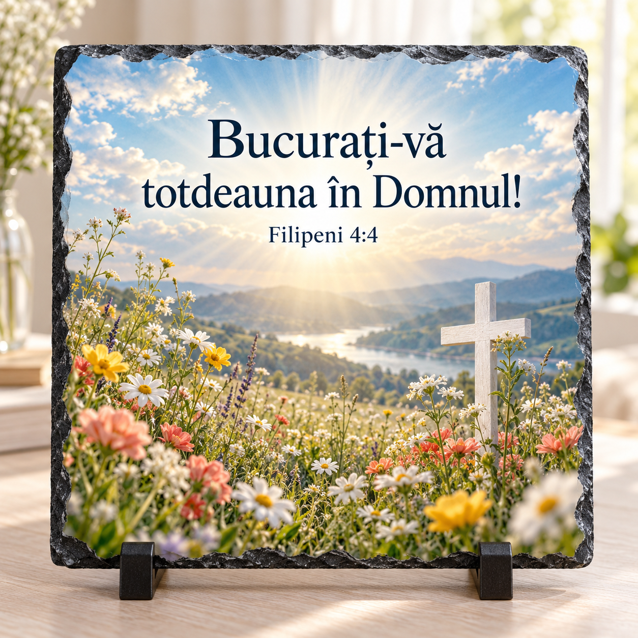 Placă Ardezie Personalizată 20x20 cm cu Verset Biblic – Cadou Religios cu Flori și Cruce