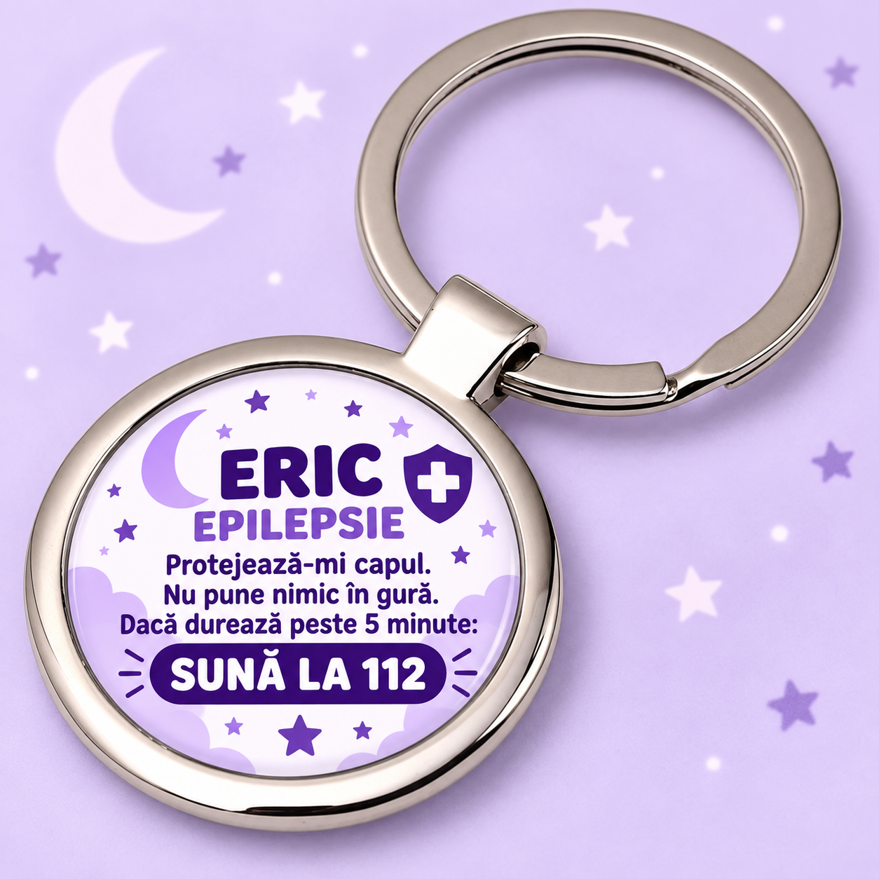 Breloc rotund personalizat pentru copii cu epilepsie – informații de urgență