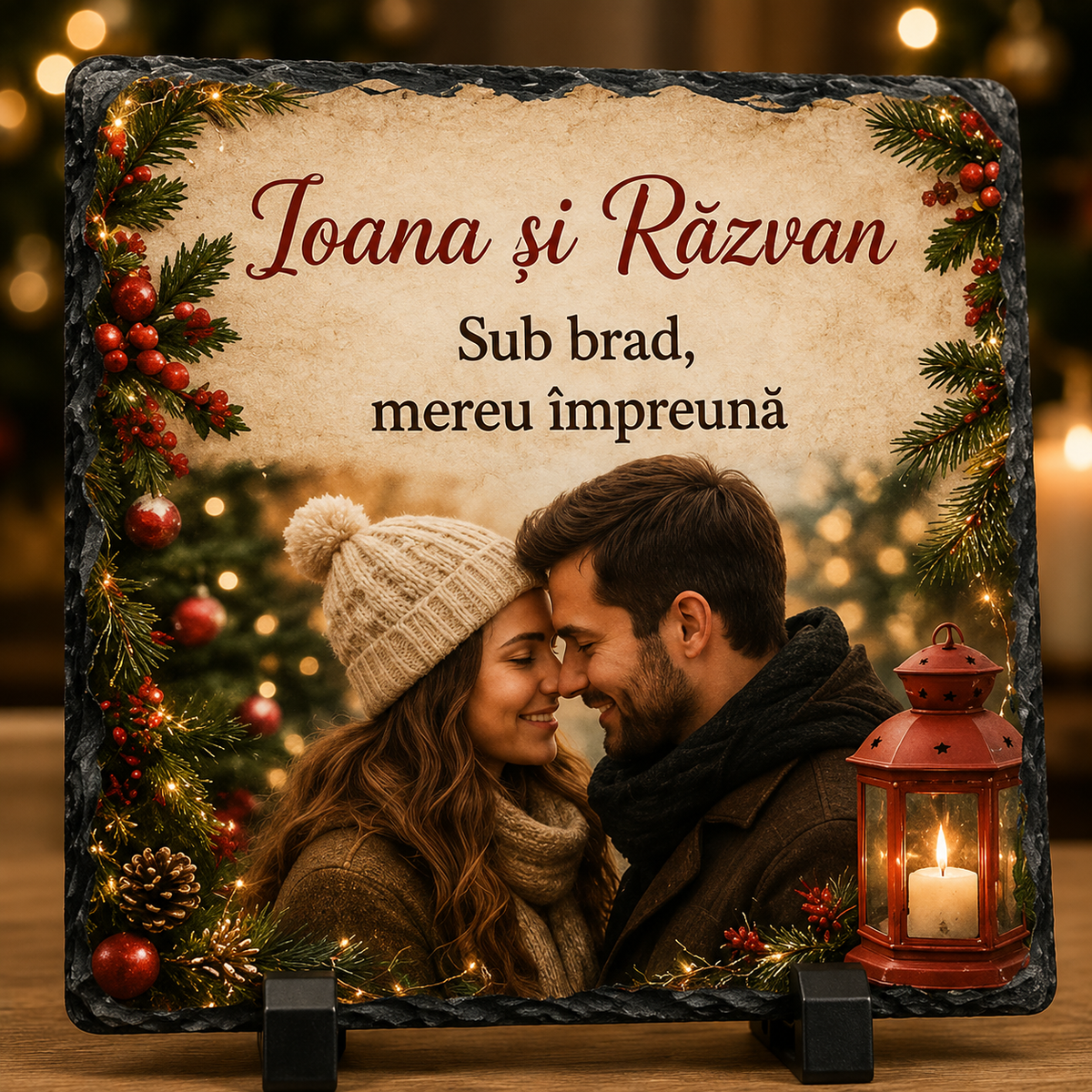 Piatră Ardezie Personalizată de Crăciun pentru Cuplu 20x20 cm cu Poză și Nume – „Sub brad, mereu împreună”