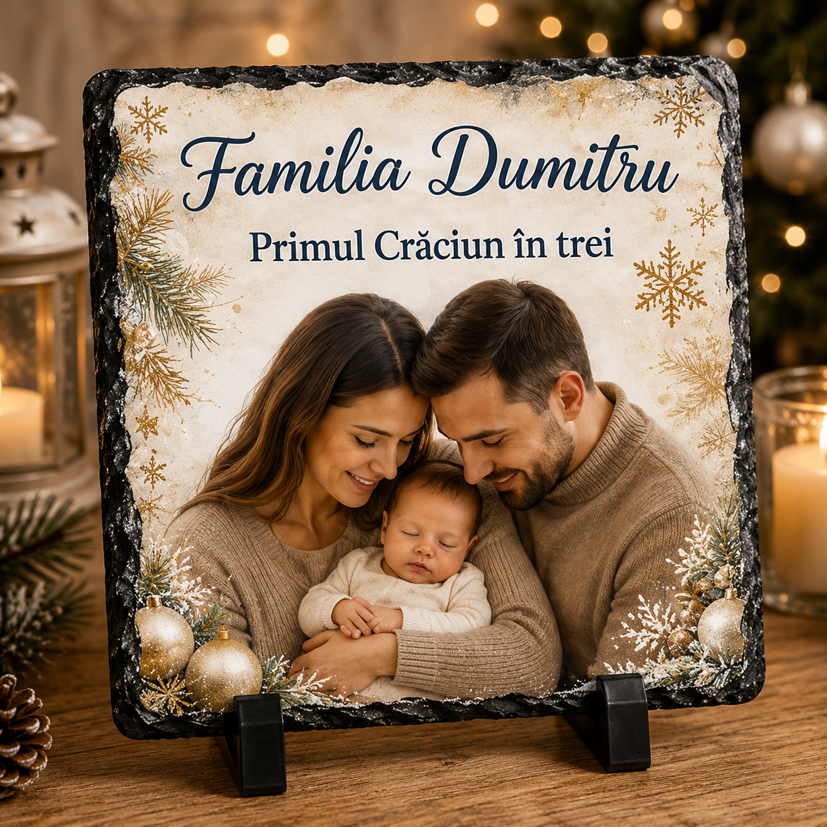 Piatră Ardezie Personalizată Primul Crăciun în Trei 20x20 cm cu Poză – Cadou pentru Familie cu Bebeluș