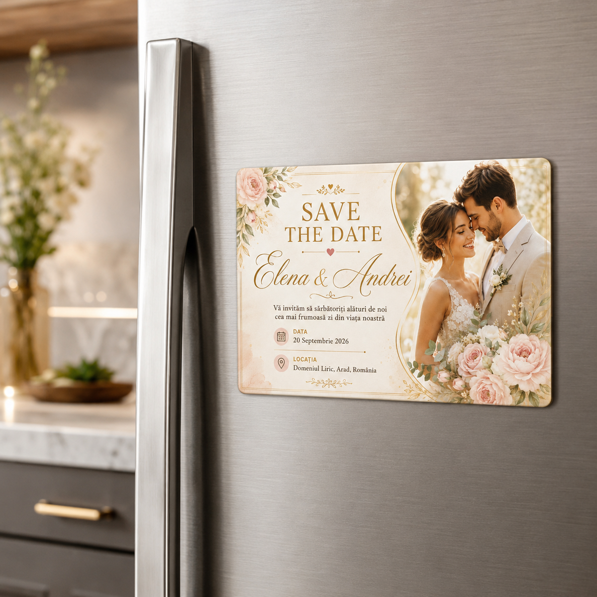 Magnet Save the Date personalizat cu poză – Invitație magnetică nuntă 9,5 × 6,5 cm