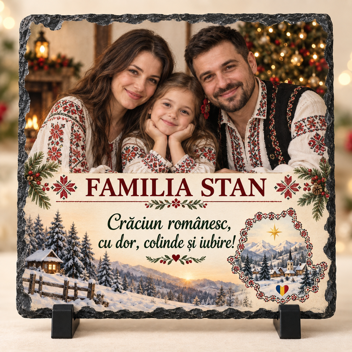 Placă Ardezie Personalizată 20×20 cm cu Poză de Familie – Cadou de Crăciun cu Design Tradițional Românesc