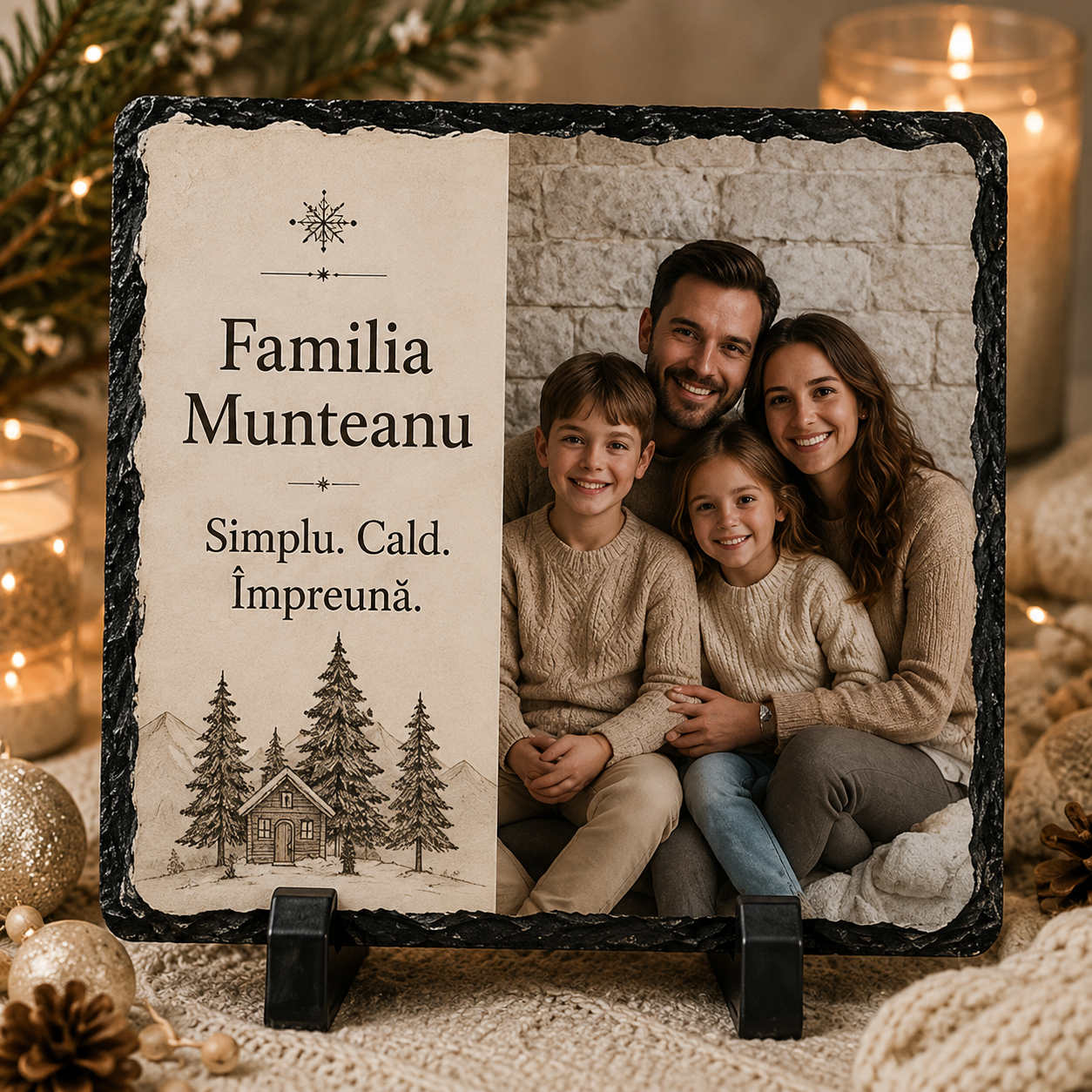 Piatră Ardezie Personalizată de Crăciun pentru Familie 20x20 cm cu Poză și Nume – „Simplu. Cald. Împreună.”
