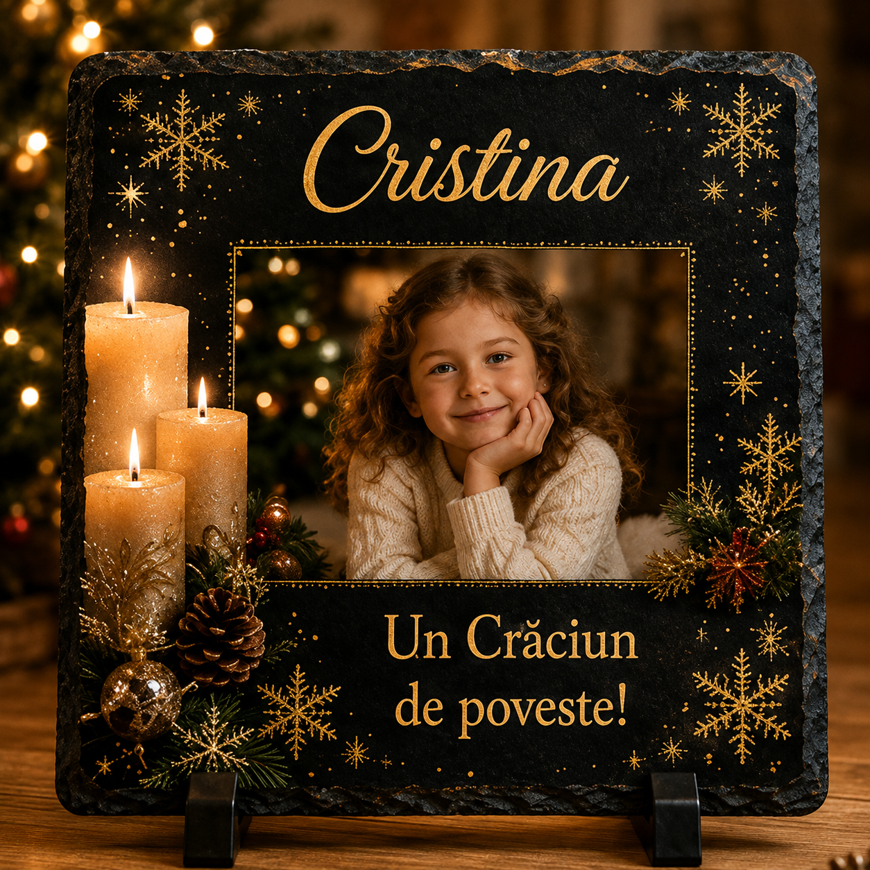 Piatră Ardezie Personalizată de Crăciun pentru Copii 20x20 cm cu Poză și Nume – „Un Crăciun de Poveste!”
