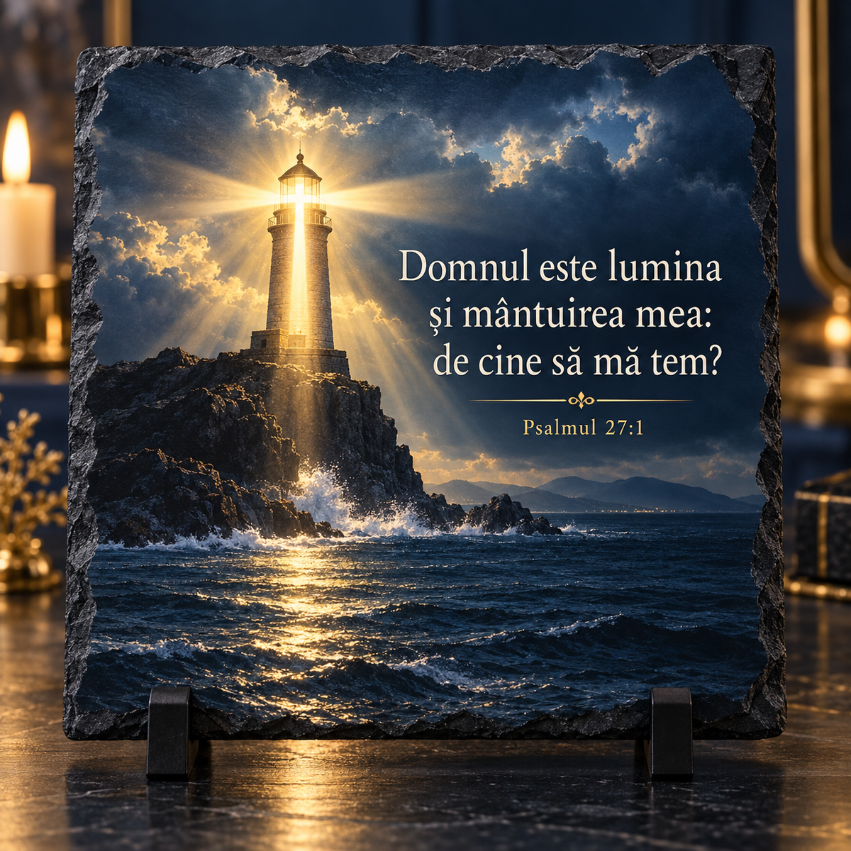 Placă Ardezie Personalizată 20x20 cm – „Domnul este lumina și mântuirea mea” | Psalmul 27:1