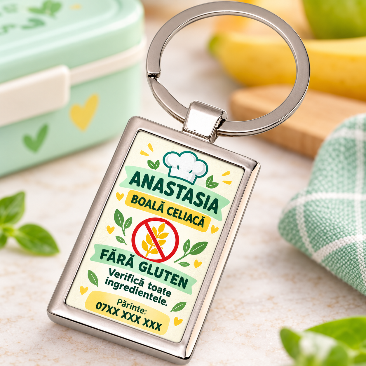 Breloc dreptunghiular personalizat pentru copii cu boală celiacă – fără gluten