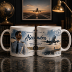 Cană personalizată pentru pilot de avion cu numele Alexandru, fotografie, avion de pasageri și pistă de aeroport