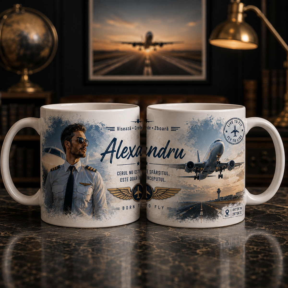 Cană personalizată pentru pilot de avion cu numele Alexandru, fotografie, avion de pasageri și pistă de aeroport