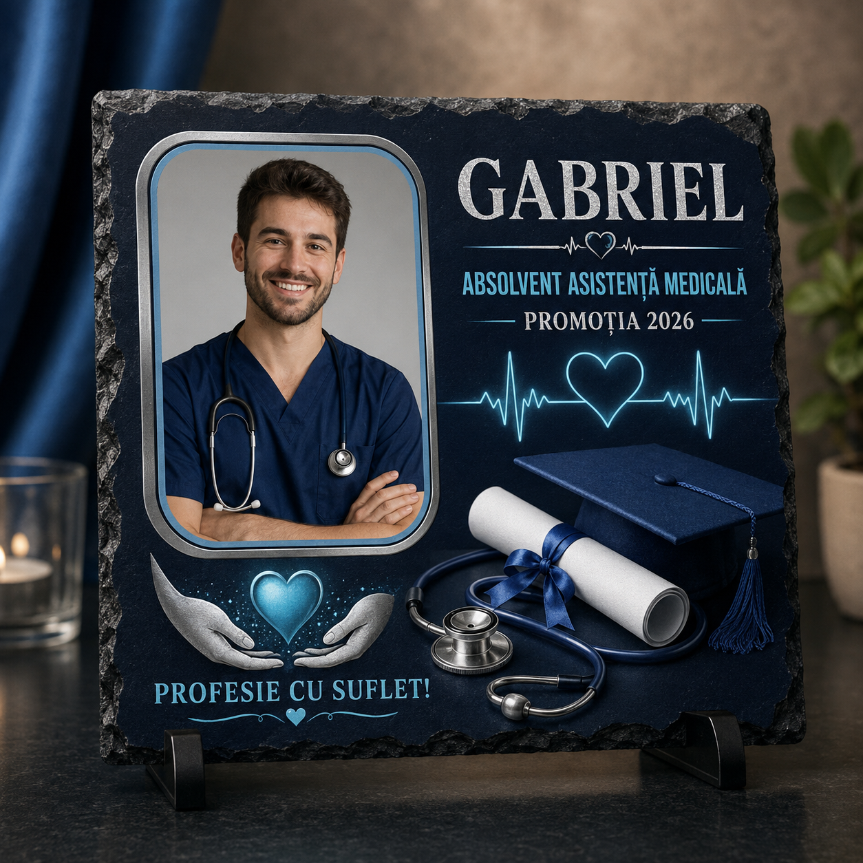 Placă de Ardezie Personalizată Absolvire Asistență Medicală 20×20 cm cu Poză – Cadou pentru Asistent Medical