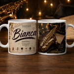 Cană personalizată cu saxofon și numele Bianca, 330 ml, design premium auriu cu partituri și note muzicale