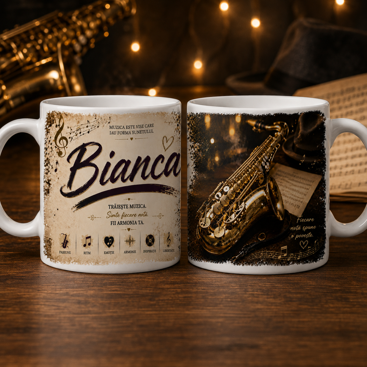 Cană personalizată cu saxofon și numele Bianca, 330 ml, design premium auriu cu partituri și note muzicale