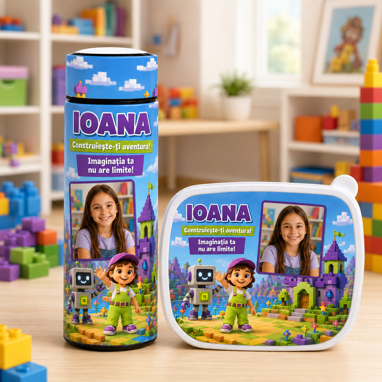 Set personalizat copii – Lunchbox + Termos 500 ml „Construiește-ți aventura!”