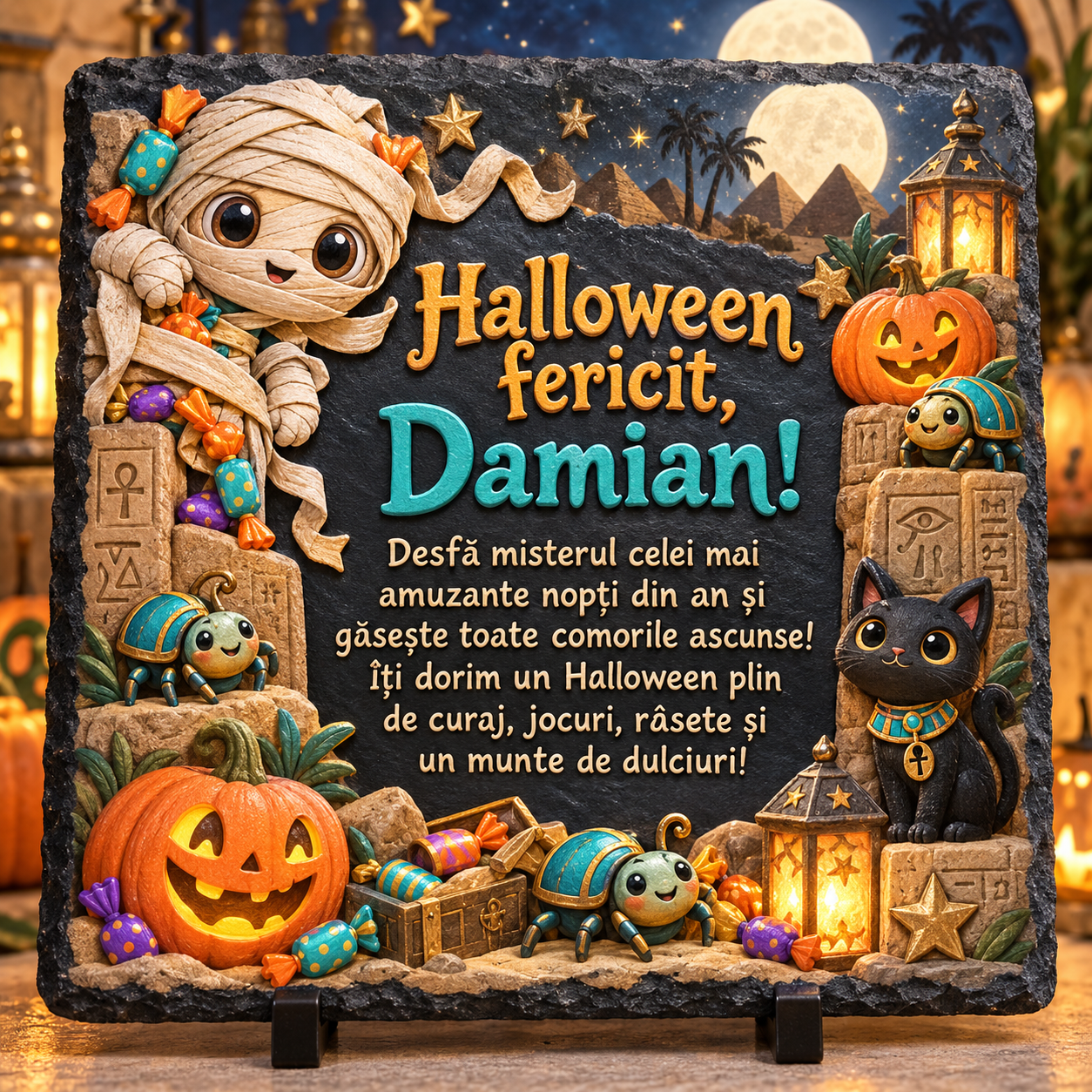 Placă ardezie personalizată Halloween pentru copii 20×20 cm – mumie simpatică, mister egiptean, dovleci și nume personalizat