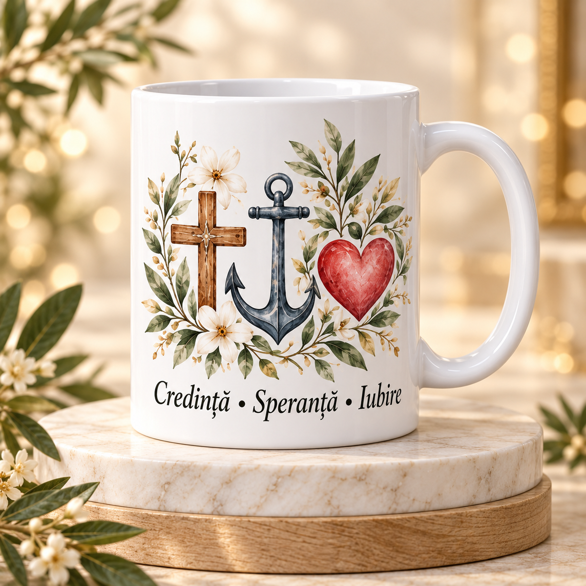 Cană religioasă 330 ml „Credință • Speranță • Iubire” – cadou creștin simbolic