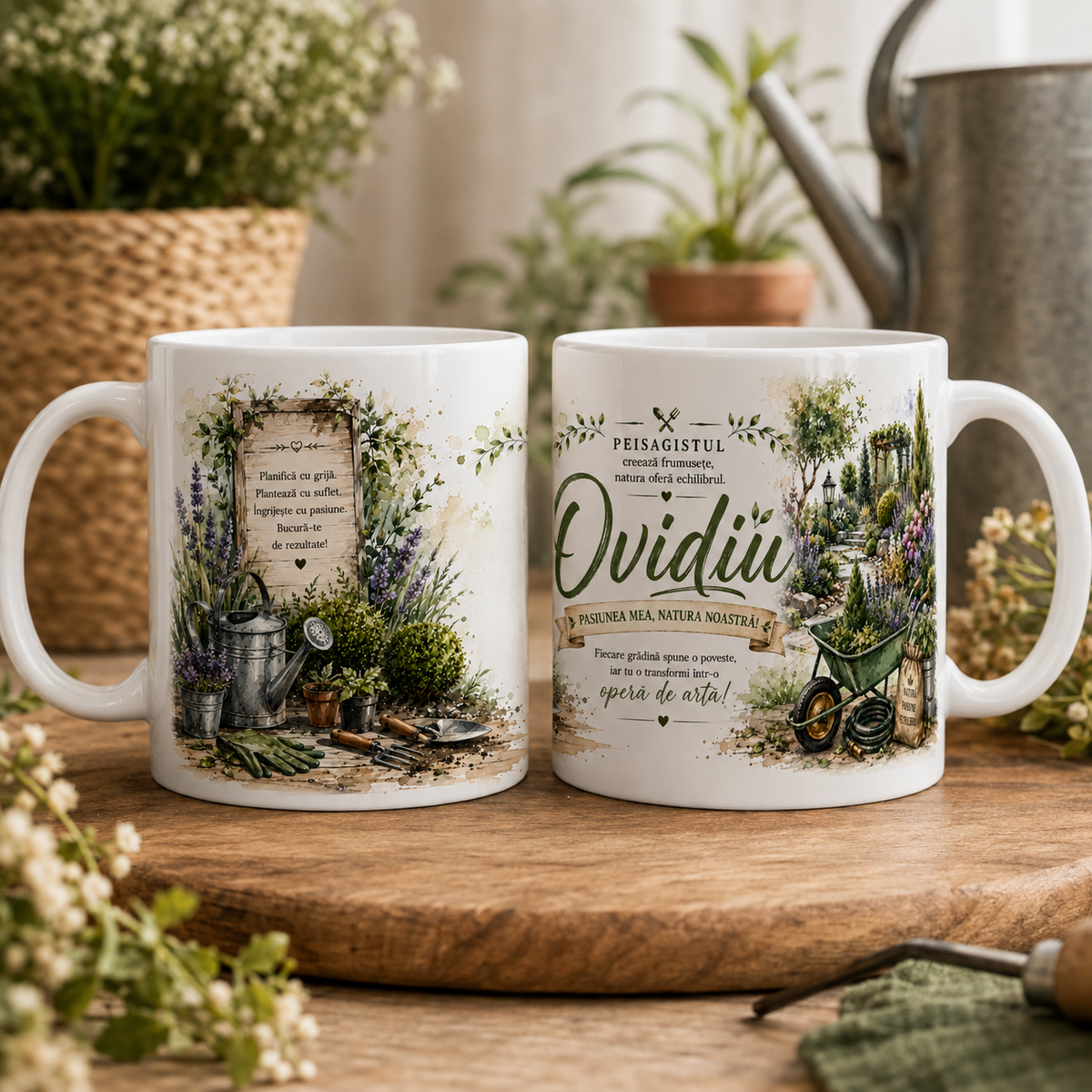 Cană personalizată pentru peisagist cu numele Ovidiu, 330 ml, design cu grădină, flori, roabă și unelte de grădinărit