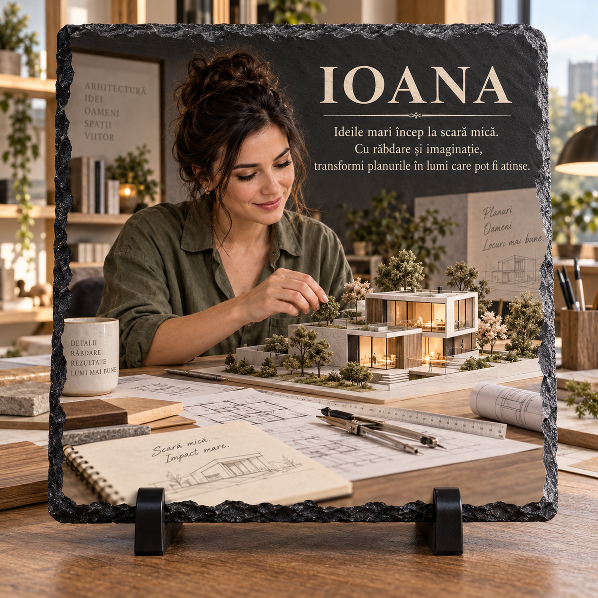 Placă ardezie personalizată 20×20 cm – Cadou pentru arhitectă, designer sau pasionată de arhitectură