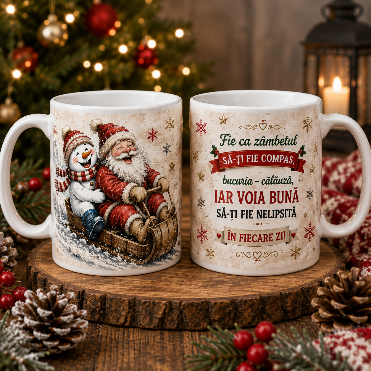 Cană de Crăciun cu Moș Crăciun și om de zăpadă – Cadou cu mesaj inspirațional 🎄🎅