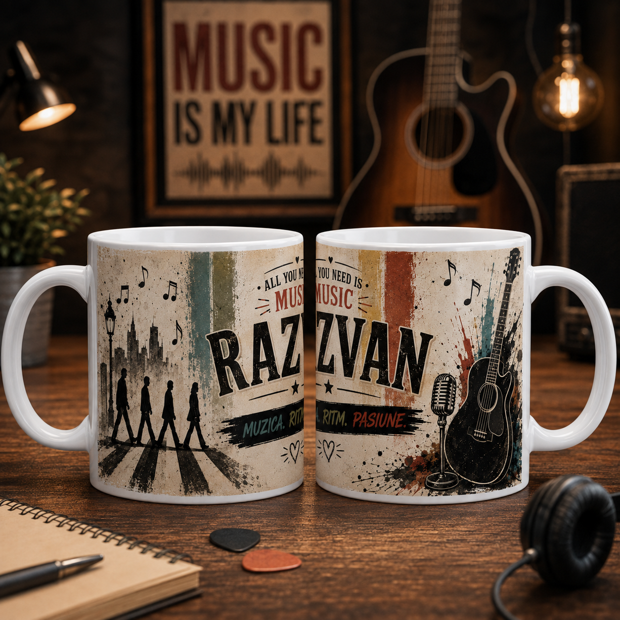 Cană personalizată cu chitară și numele Răzvan, 330 ml, design retro cu microfon, formație și note muzicale