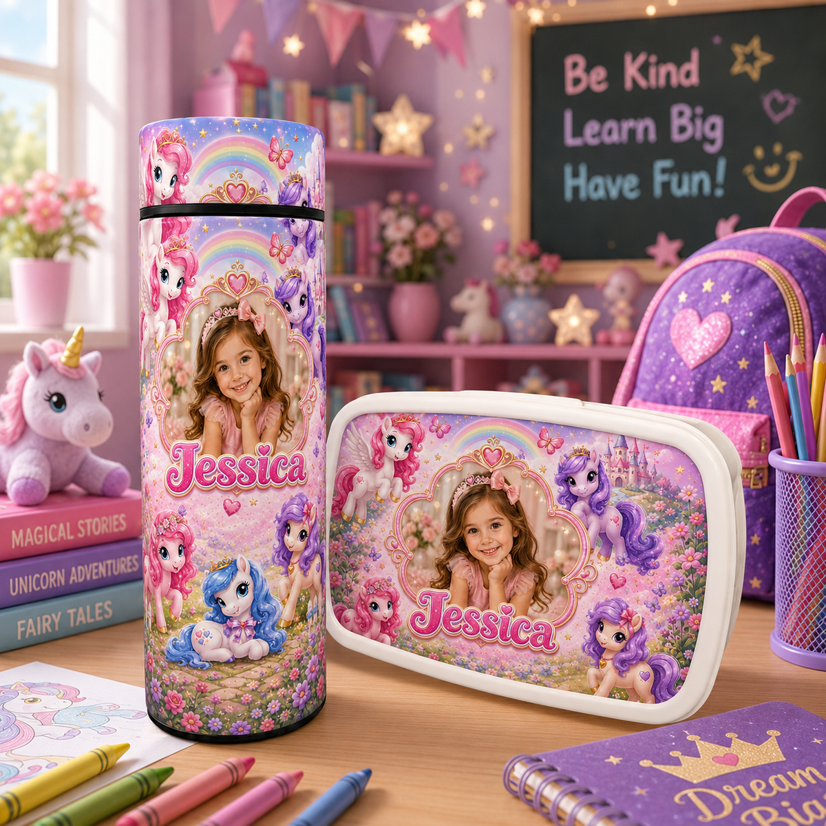 Set personalizat pentru fetițe – termos 500 ml și cutie pentru prânz, cu fotografie și nume