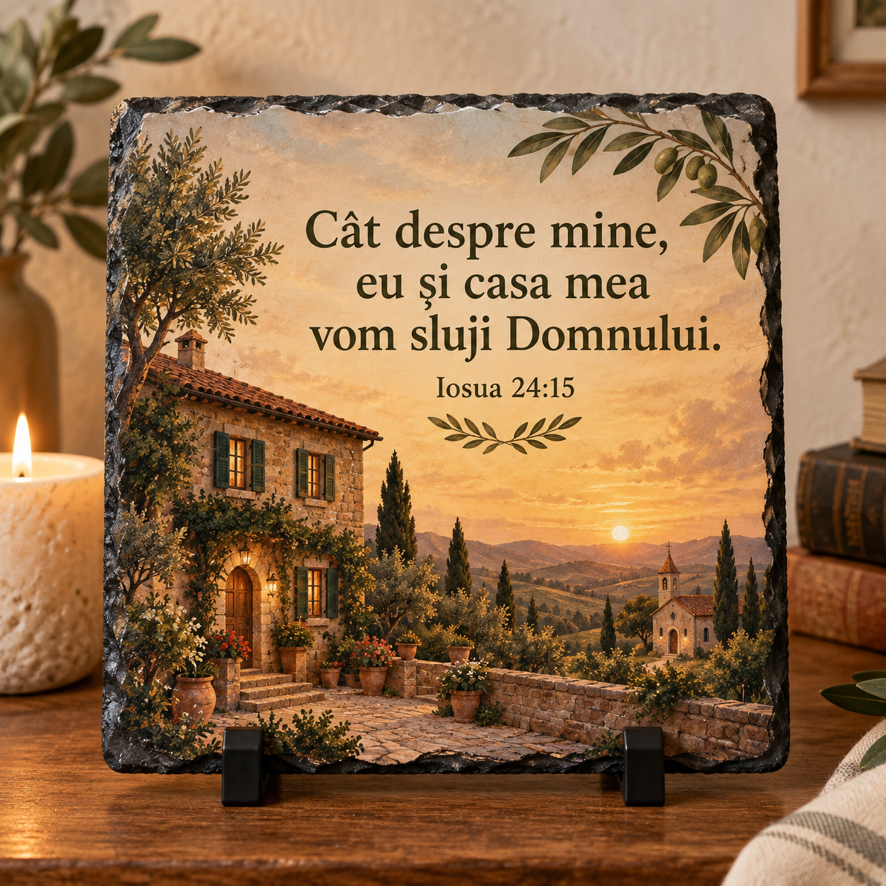 Placă Ardezie Personalizată 20x20 cm – „Eu și casa mea vom sluji Domnului” | Iosua 24:15