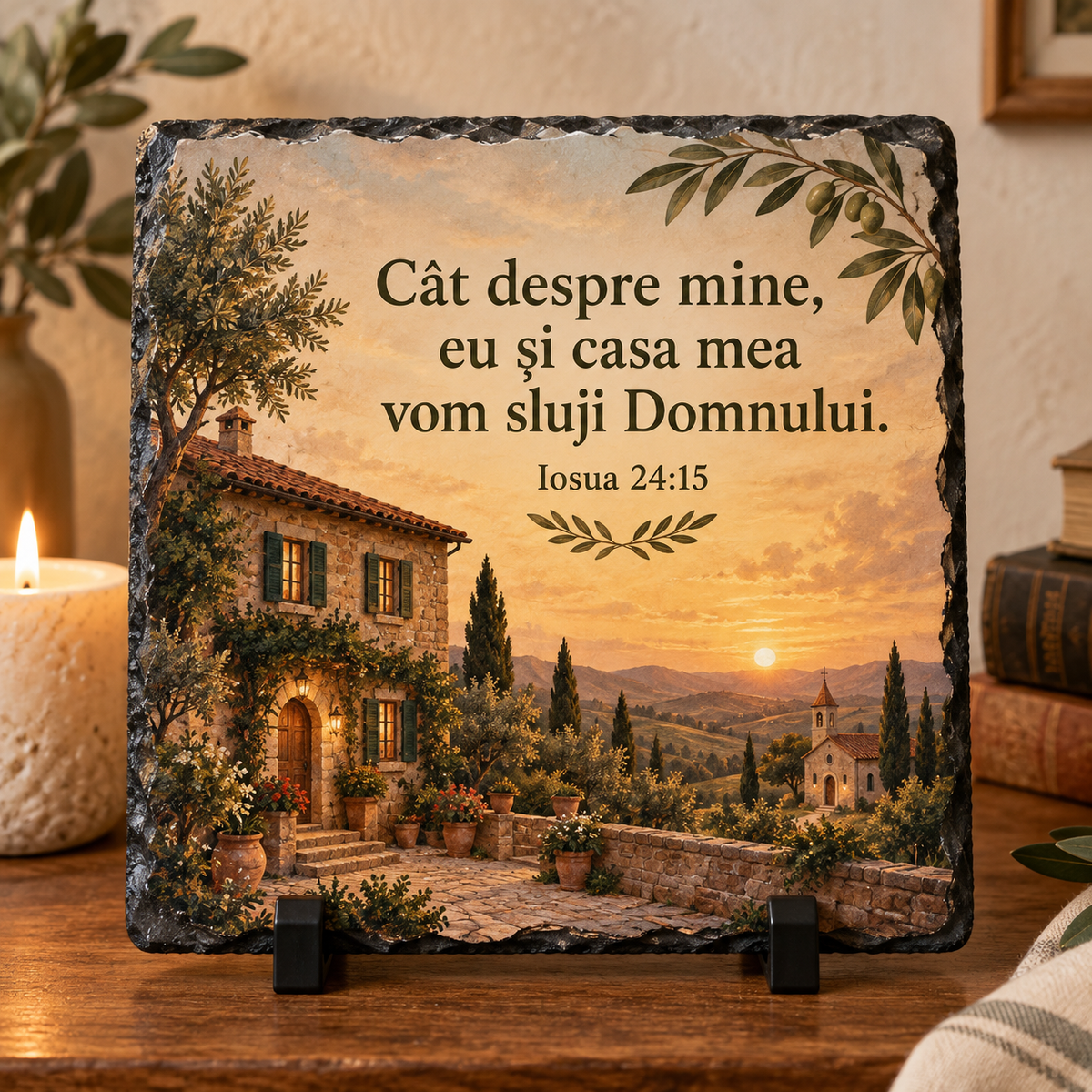 Placă Ardezie Personalizată 20x20 cm – „Eu și casa mea vom sluji Domnului” | Iosua 24:15
