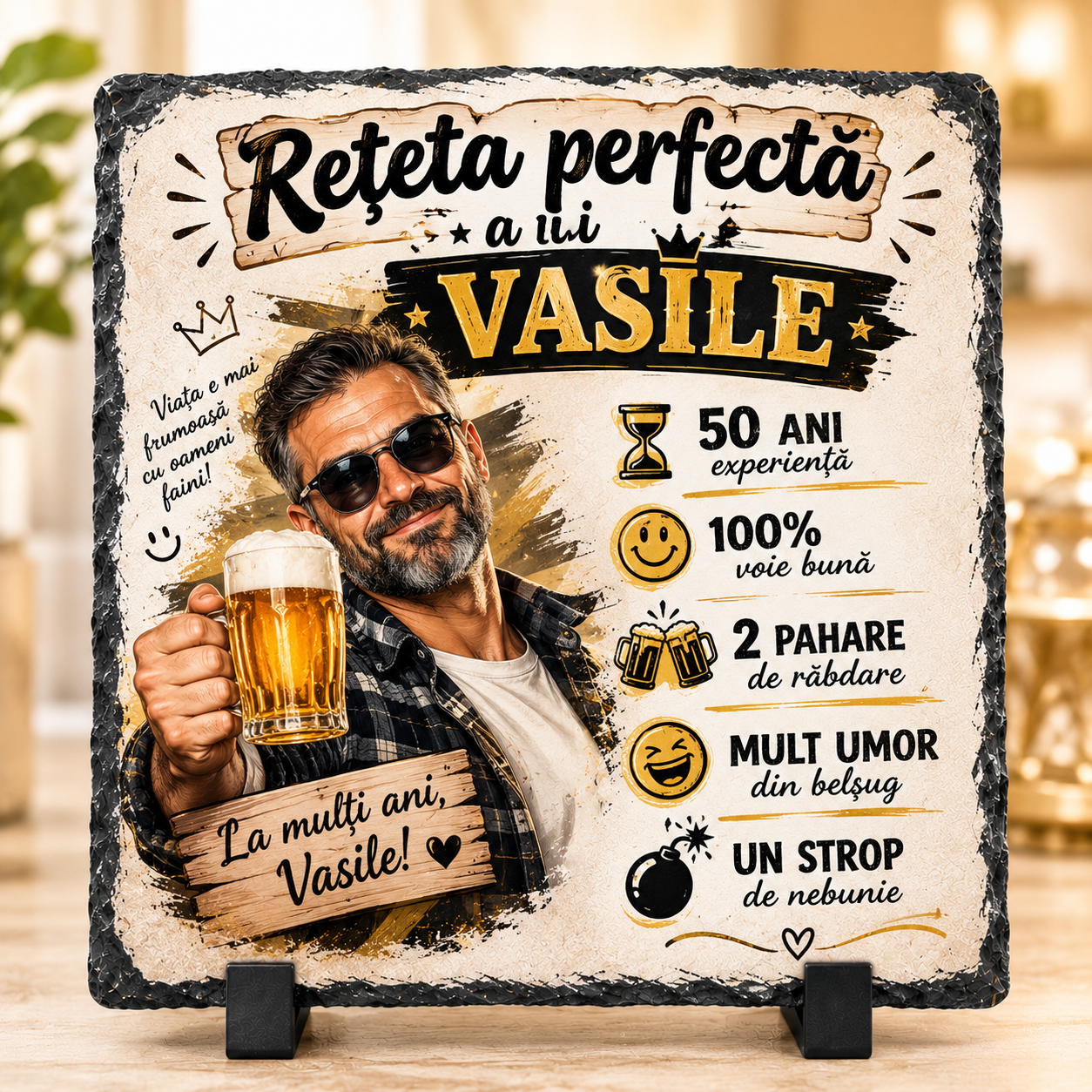 Placă din ardezie personalizată „Rețeta perfectă” – cadou aniversar cu fotografie și nume