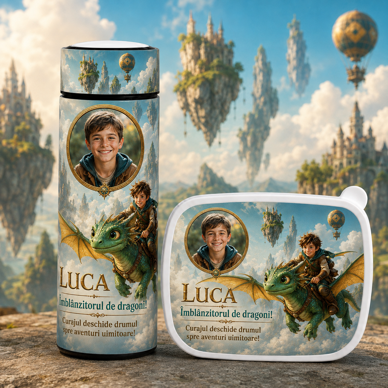 Set personalizat copii – Lunchbox + Termos 500 ml „Îmblânzitorul de dragoni”