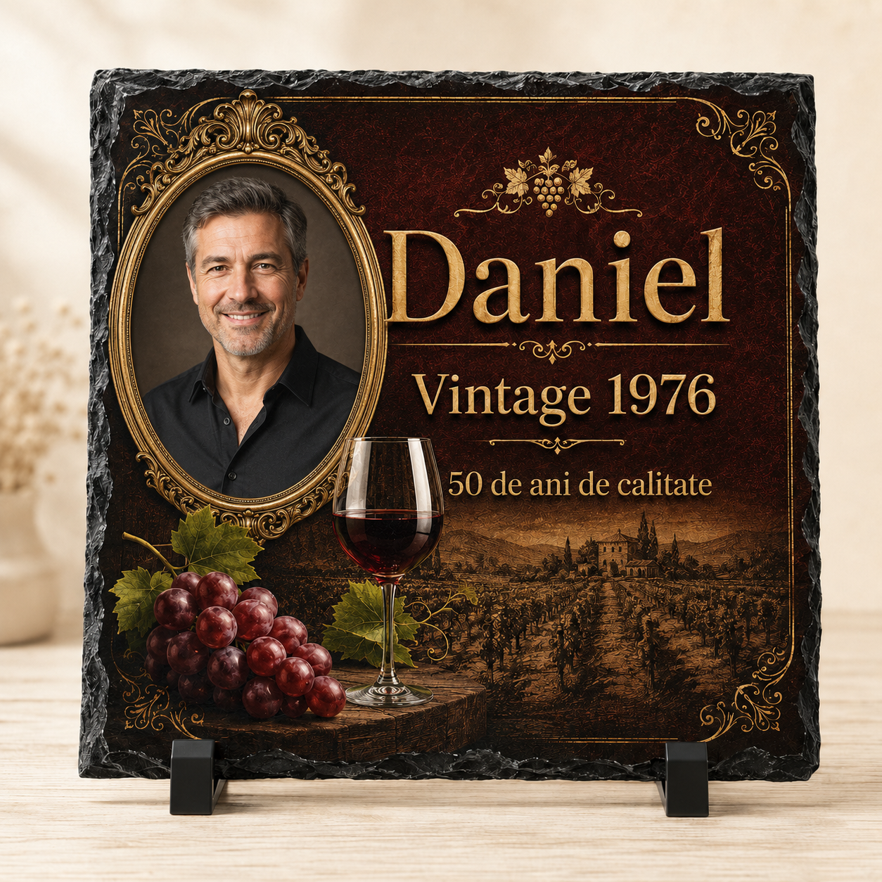 Placă din ardezie personalizată „Vintage 1976 – 50 de ani de calitate” – cadou aniversar premium pentru bărbat