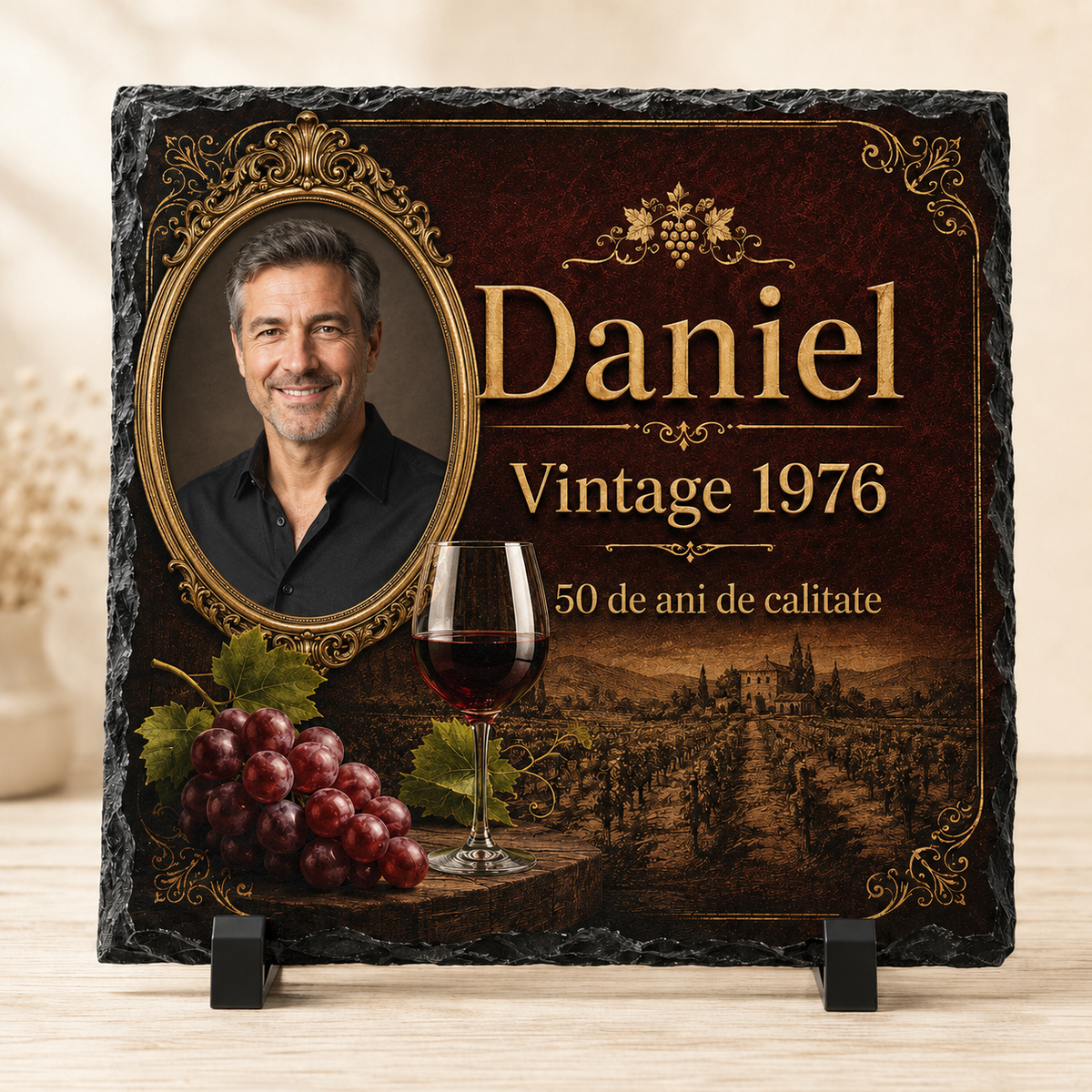 Placă din ardezie personalizată „Vintage 1976 – 50 de ani de calitate” – cadou aniversar premium pentru bărbat
