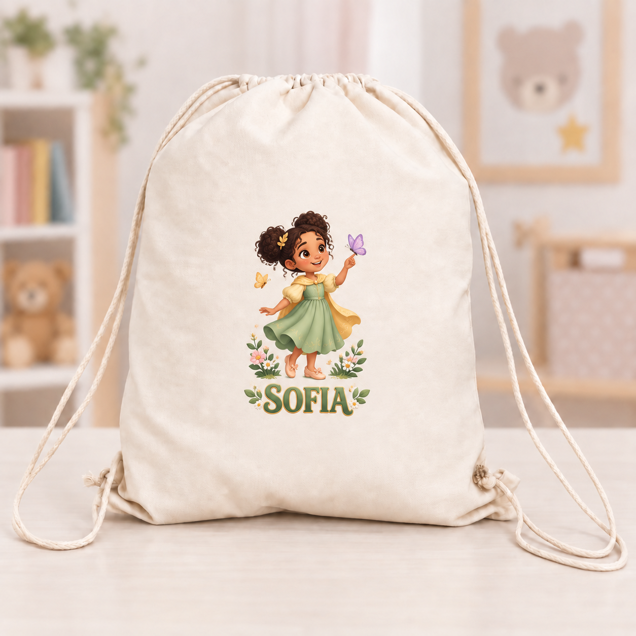 Săculeț personalizat pentru fetiță cu nume – Prințesă cu fluturi și flori, canvas 43x34 cm