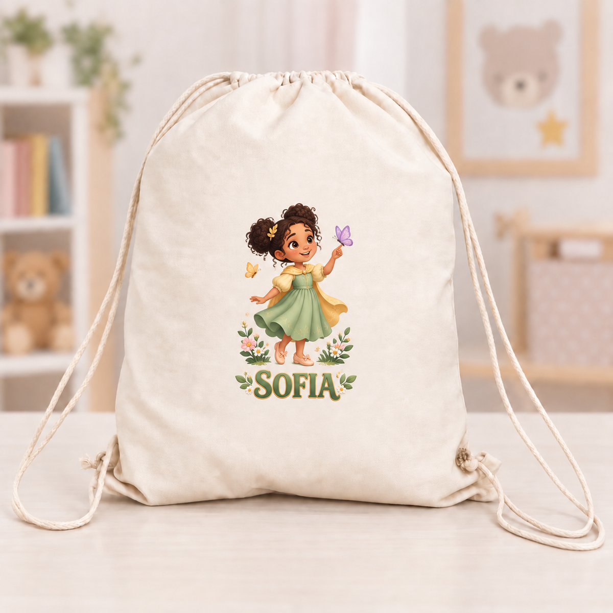 Săculeț personalizat pentru fetiță cu nume – Prințesă cu fluturi și flori, canvas 43x34 cm