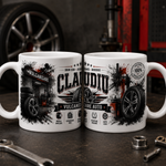 Cană personalizată pentru vulcanizare auto cu numele Claudiu, 330 ml, design cu anvelope, jante și echipamente de service