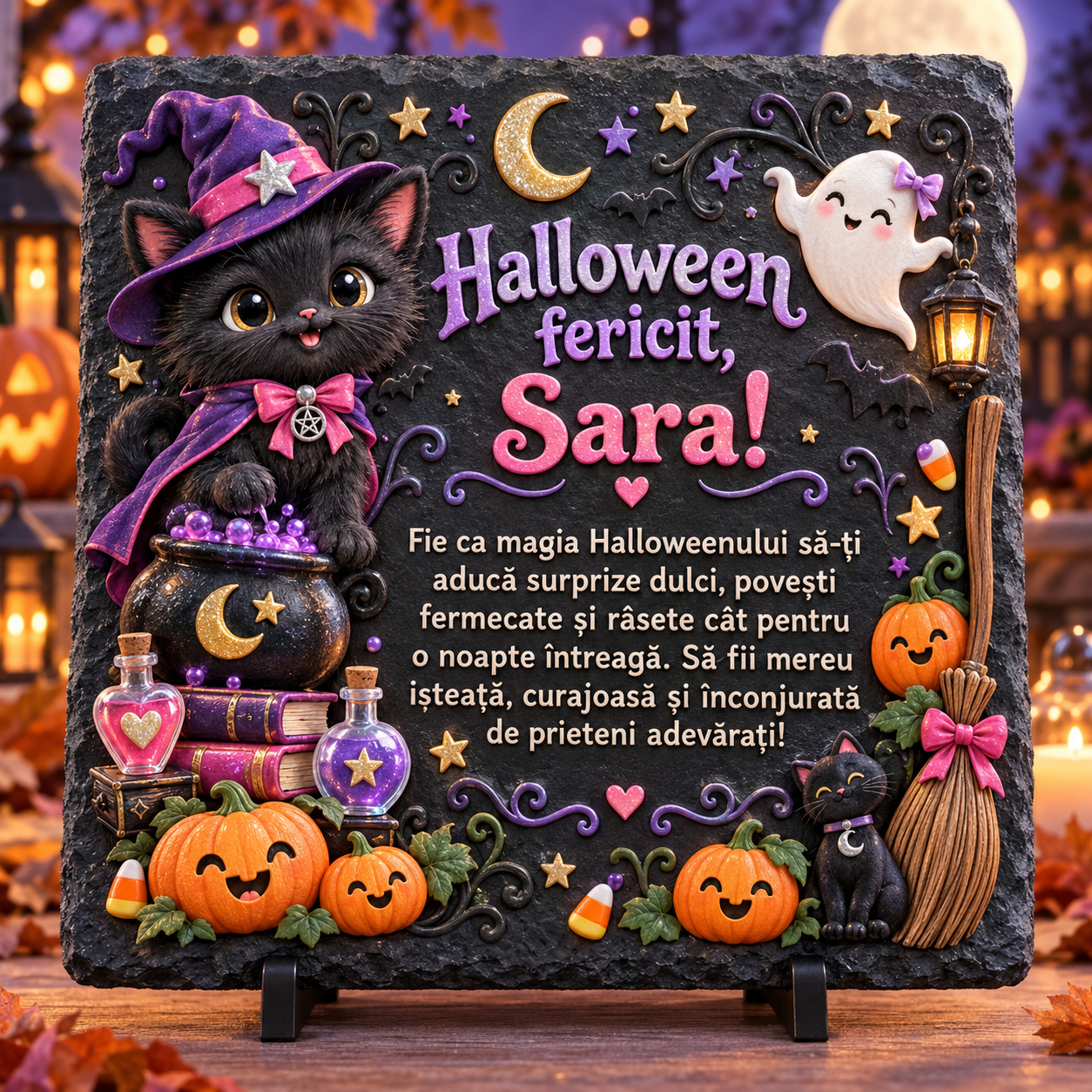 Placă ardezie personalizată Halloween pentru copii 20×20 cm – pisicuță vrăjitoare, fantomă, dovleci și nume personalizat