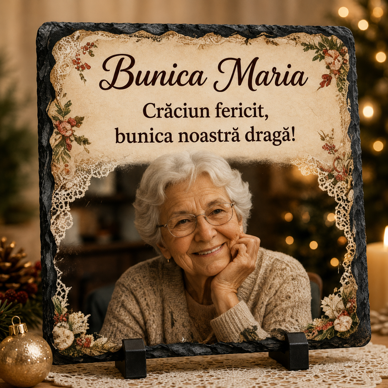 Piatră Ardezie Personalizată pentru Bunica 20x20 cm cu Poză – Cadou de Crăciun „Bunica Maria”