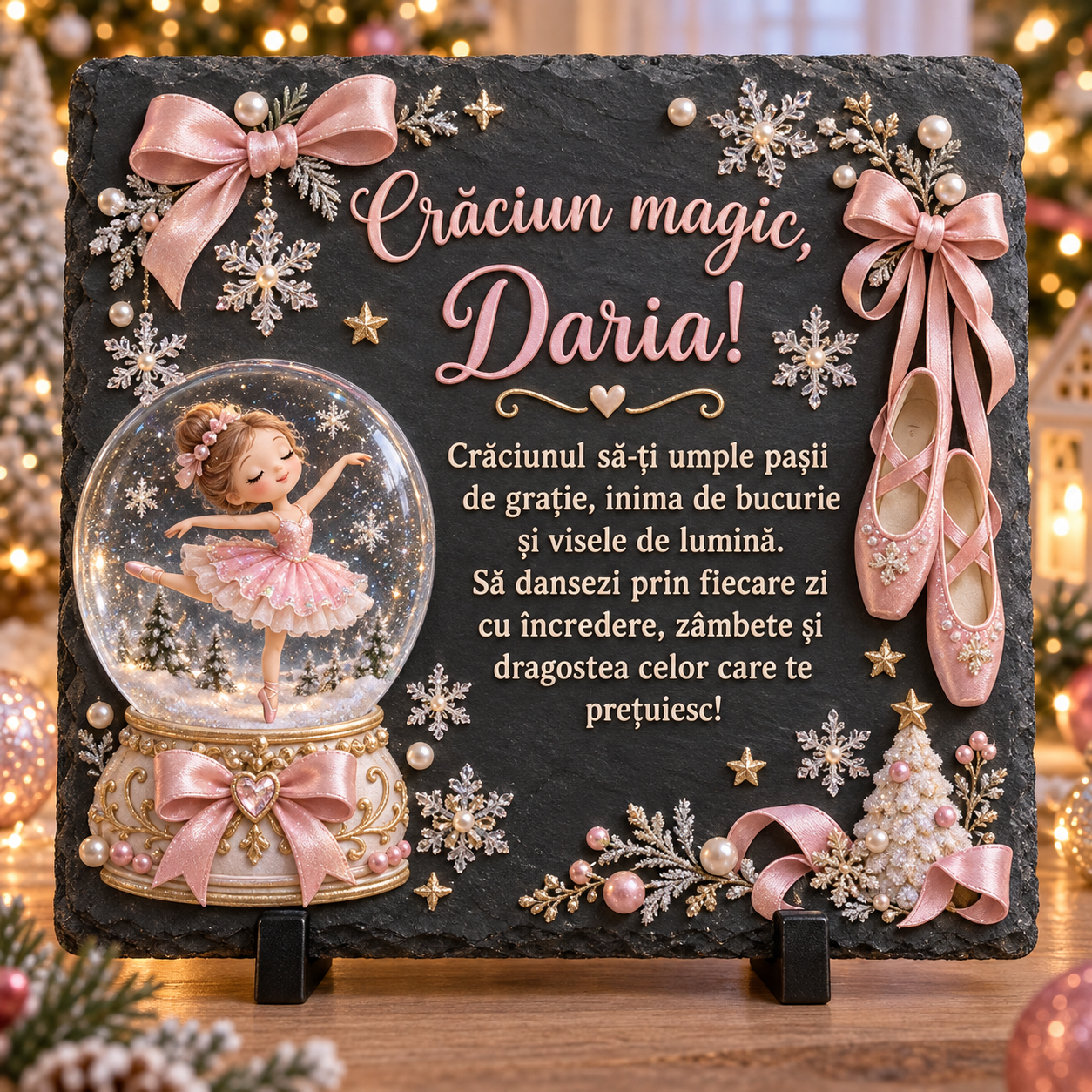 Placă de ardezie personalizată pentru fetițe 20 × 20 cm – „Crăciun magic” cu balerină