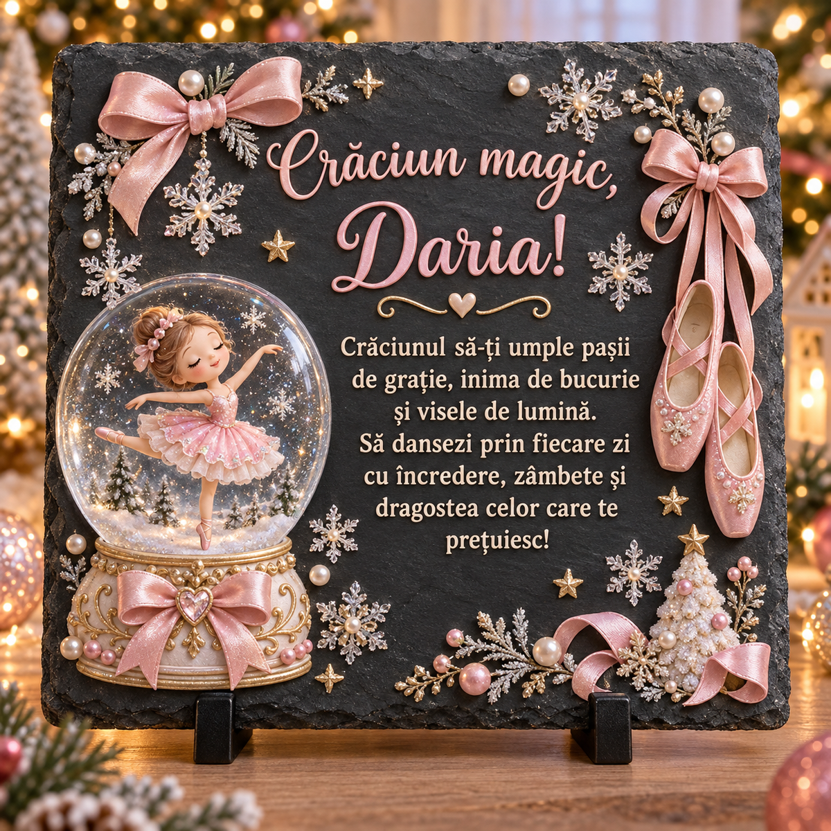 Placă de ardezie personalizată pentru fetițe 20 × 20 cm – „Crăciun magic” cu balerină